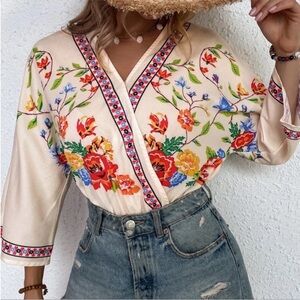 Gorgeous Bohemian Bright Colored Floral 3/4 Dolman Sleeve Bodysuit Size XL NWT